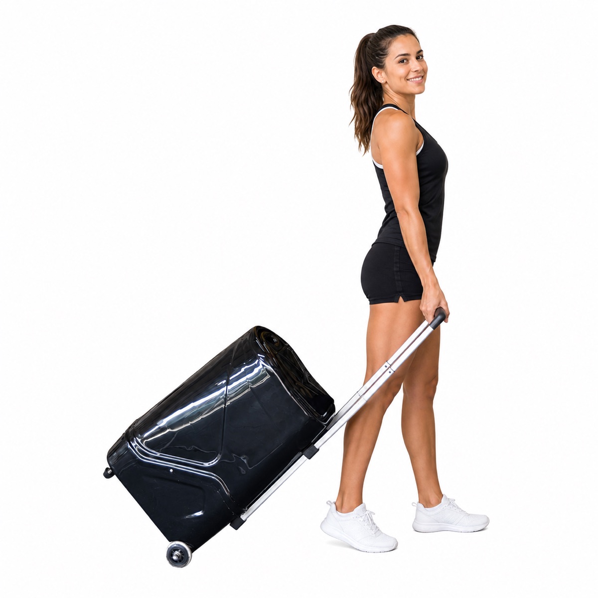 Player pulling a squash ball machine with wheeled handle